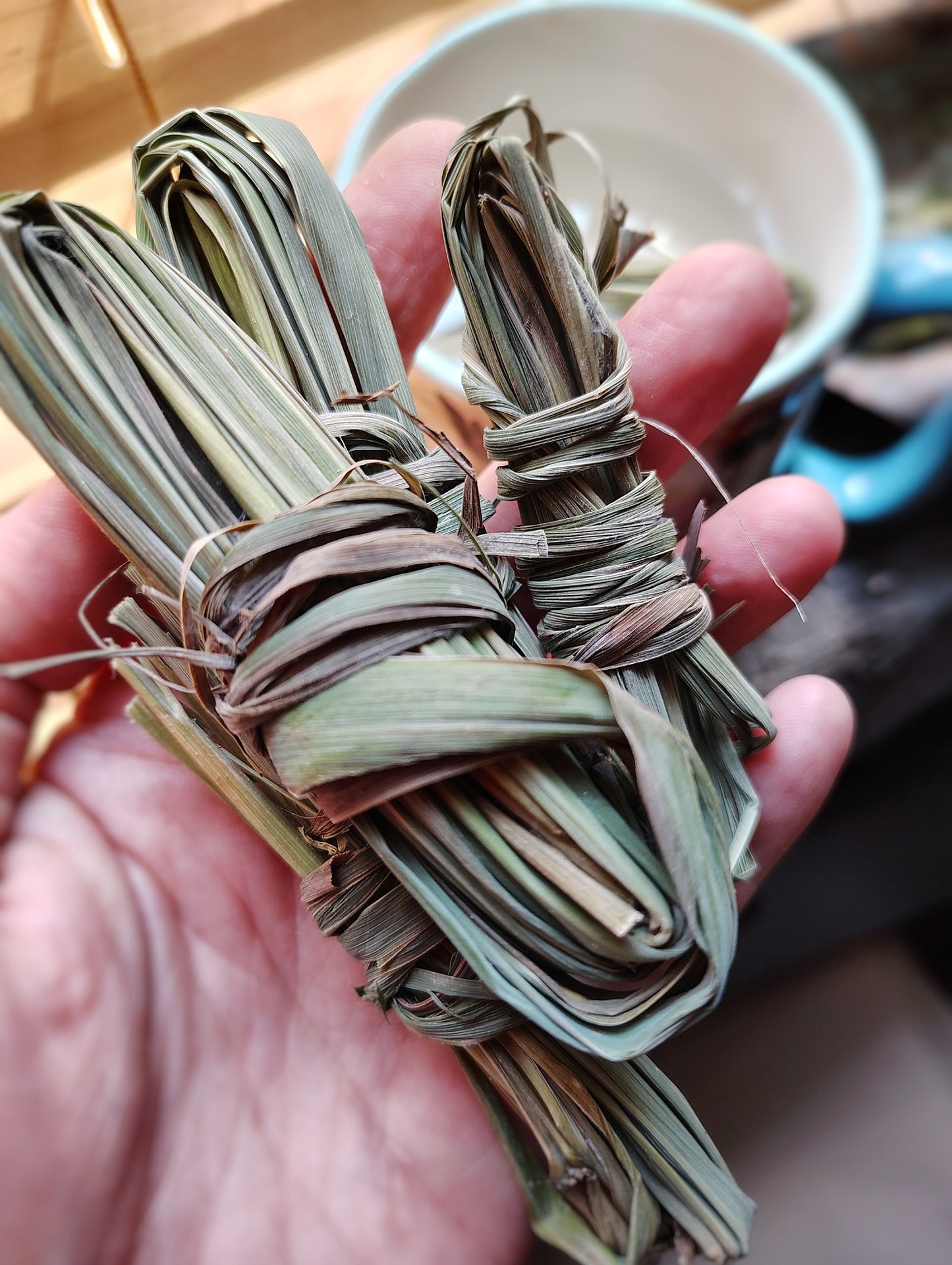 Bundled lemongrass green leaves held by a hand with a blurred background