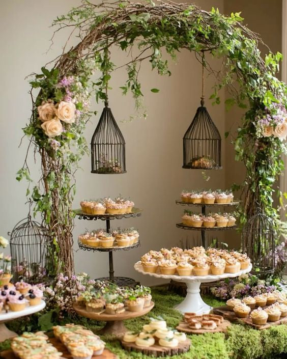 Decorative table setting with pastries, birdcages, and greenery