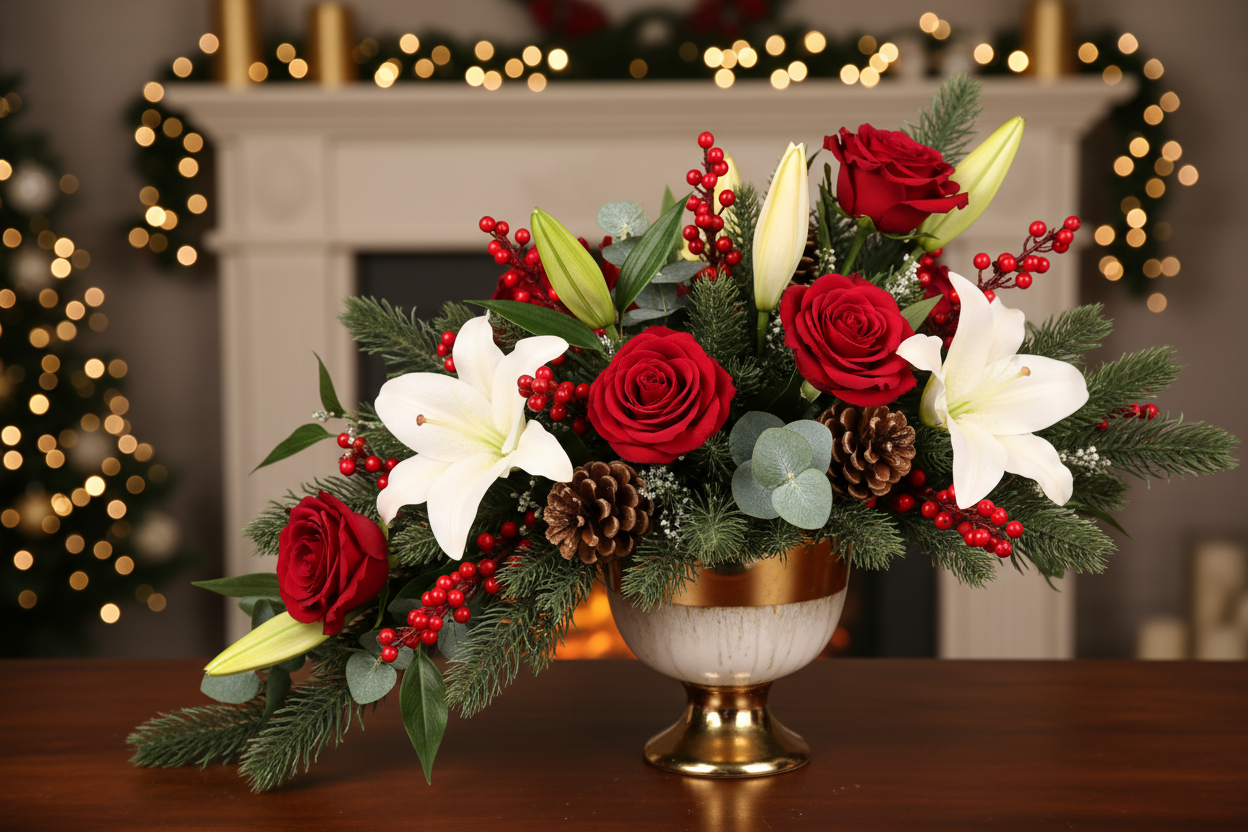 asymmetrical holiday floral arrangement