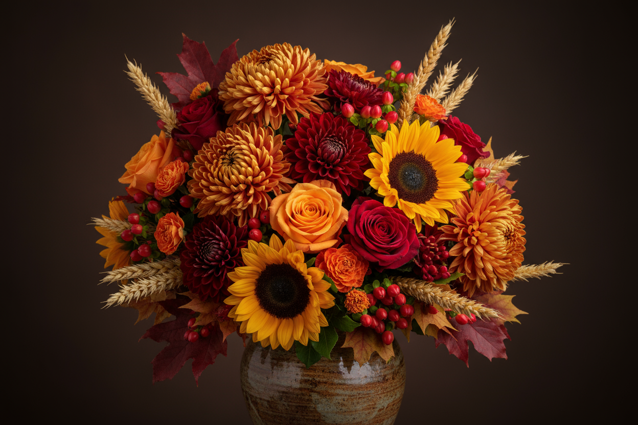 professional flower arrangement in fall colors