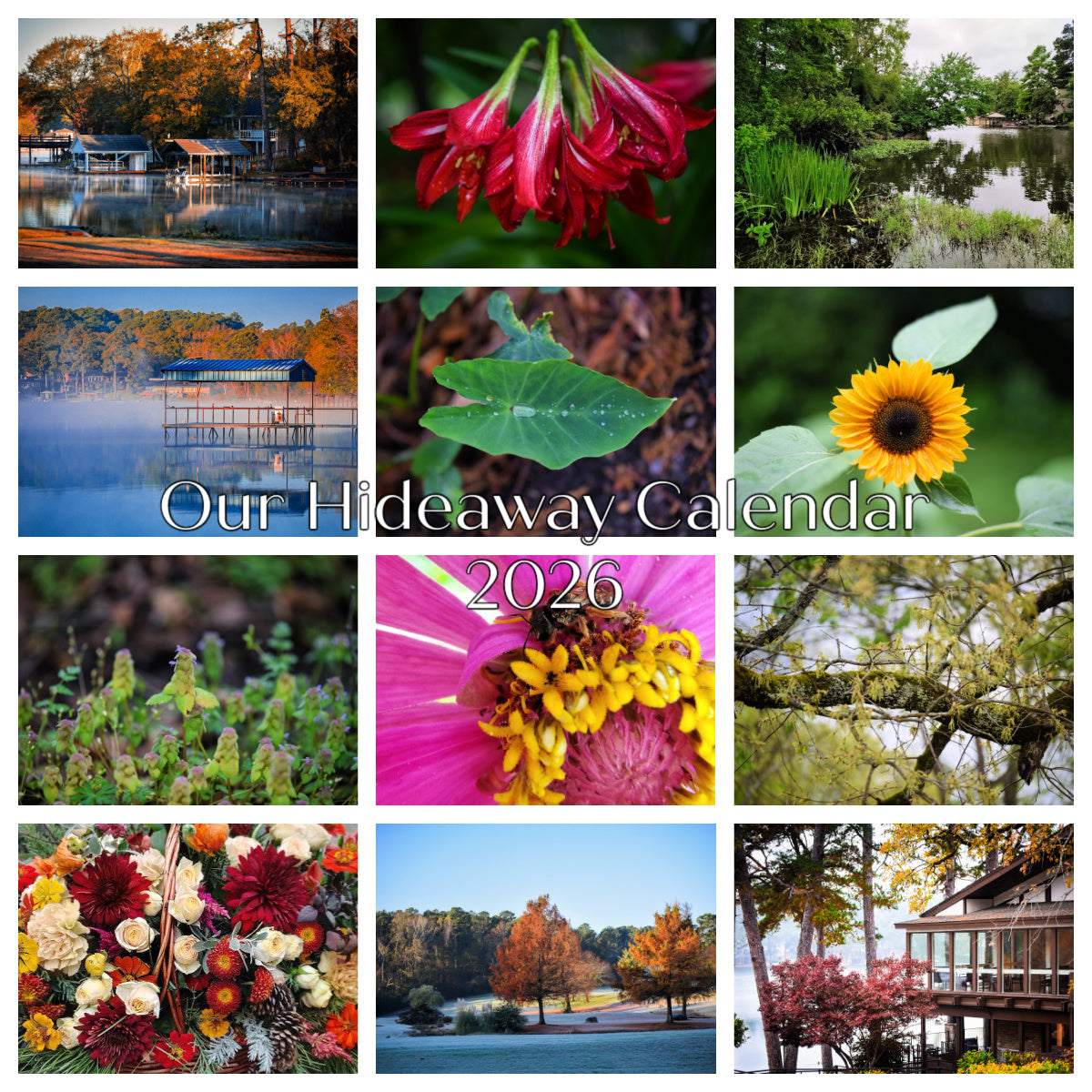 Collage of scenic and nature-themed images with 'Our Hideaway Calendar 2026' text.