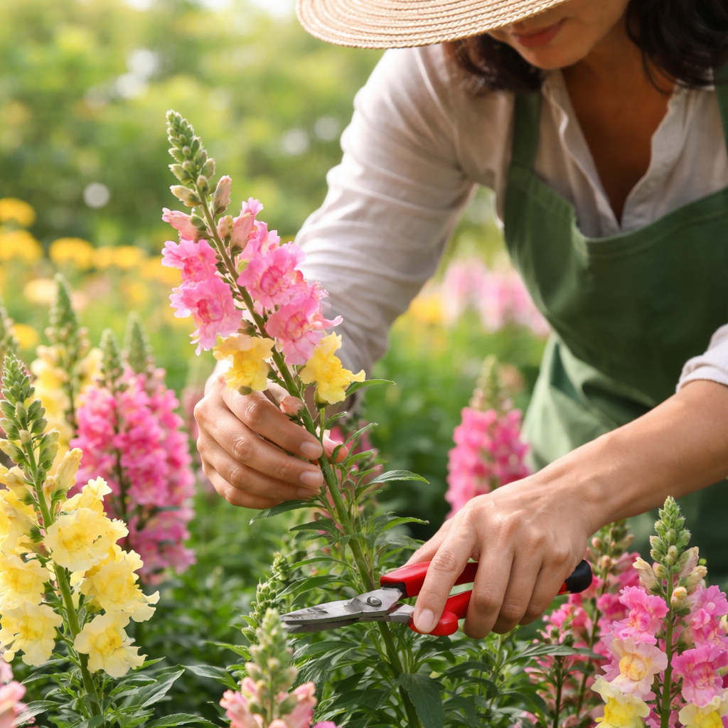 Person pruning flowers in a garden with a focus on pink and yellow blossoms.